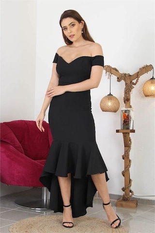 Dipmoda Kadın Kayık Yaka Düşük Omuz Eteği Volanlı Abiye Elbise Swll01 Siyah