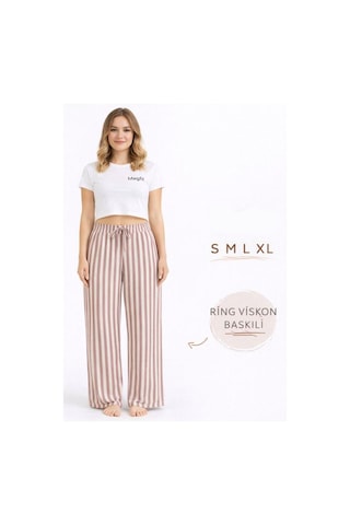 Viskon Pamuklu Kadın Gül Kurusu Çizgili Pijama Pantolon - Mg003 - Mudanis