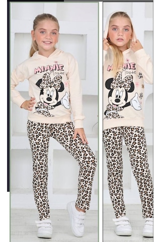 Lolliboomkids Kız Çocuk Kapüşonlu Mickey Karakter Baskılı Leopar Taytlı Sweatshirt Alt Üst Takım Leopar