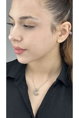 C Harfi, Balon Formlu, Paslanmaz Çelik Kolye 129, Gümüş Renk Gümüş