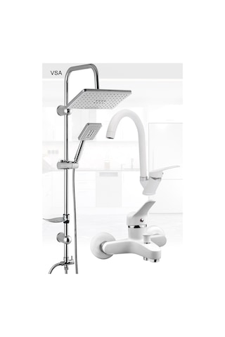 Beyaz Yağmurlama Tepe Duş Seti Banyo Lavabo Batarya Set Yeni Nesil Sürgülü Duş Seti Beyaz