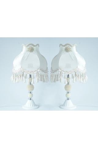 Dekovien Kadife Kaplı Çiçek Dekorlu Beyaz Abajur