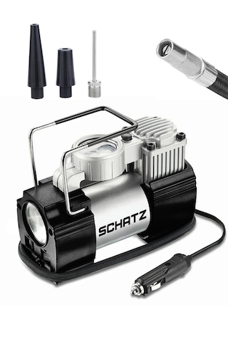Schatz 12v 150 Psi Işıklı Bakır Sargılı Çakmaklık Girişli Mini Hava Kompresörü 35l Siyah