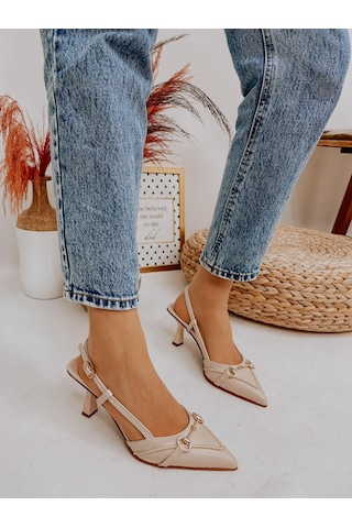 Ervanın Butiği Bej Deri Moss Toka Detay Kadın Stiletto-3649