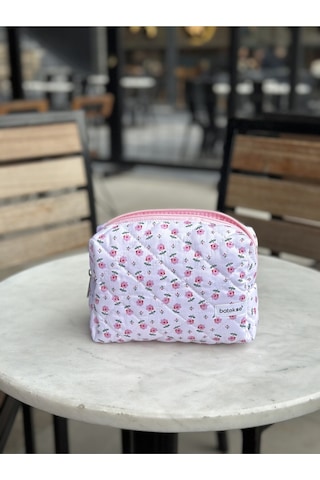 Batekso Minik Pembe Çiçek Desenli Makyaj Çantası Büyük Boy