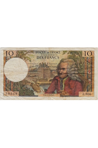 Fransa 10 Frank 1973 Voltaire Temalı. Alt Kenarda 1 Cm Yırtık Var Çok Temiz.