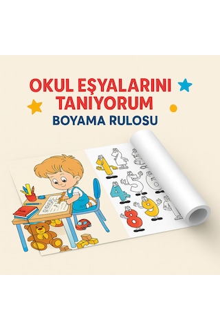 Okul Eşyalarını Tanıyorum 5 Metre Eğitici Boyama Rulosu Resim Kağıdı Rulo Kağıt