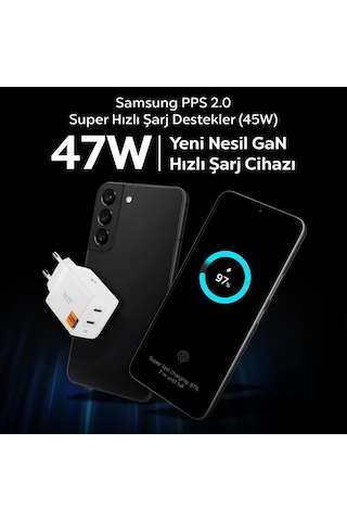 Spigen 47w Usb-c 2 Port Mini Hızlı Şarj Aleti Samsung Pps 2.0 / Isı Düşürücü Gan Pro Akım Korumalı Pd 3.0 / Scp / Fcp Protokol Güç Adaptörü İphone & Android & İpad & Macbook Type-c White Beyaz