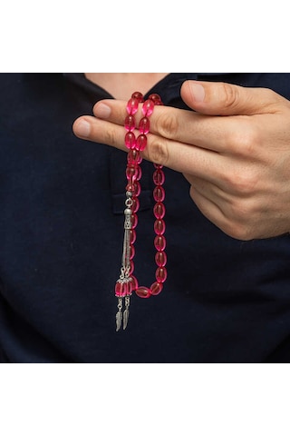 Gümüş Püsküllü Pembe Ateş Kehribar Tesbih Sl12273 Gümüş