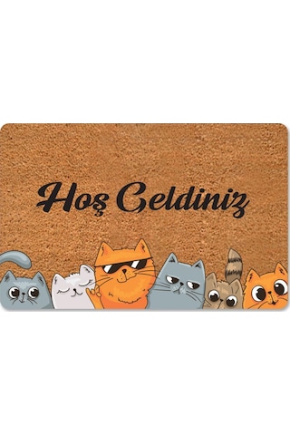 Hoş Geldiniz Yazılır Temalı Kedili Dekoratif Dış Kapı Önü Ve Iç Mekan Paspası Yıkanabilir Toz Alıcı Ekru