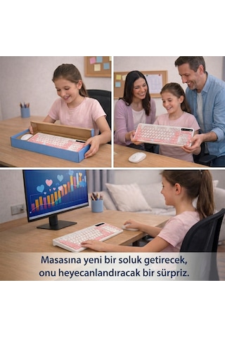 Kablosuz Klavye Mouse Seti Kedi Temalı Sessiz Pembe Beyaz Retro Tablet Laptop Pc Uyumlu Optik