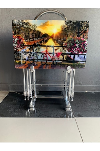 Camlı Bisiklet Desenli Çanta Zigon Sehpa 4'lü