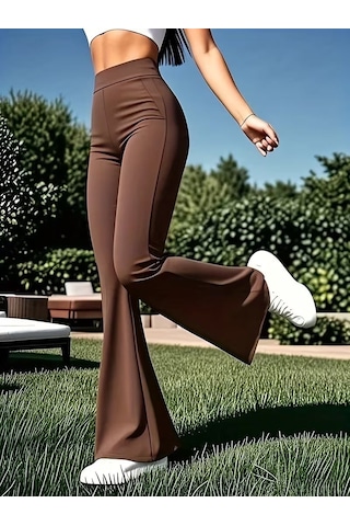 Unika Boutique Kadın Dalgıç Kumaş Belden Lastikli İspanyol Paça Pantolon Kahverengi