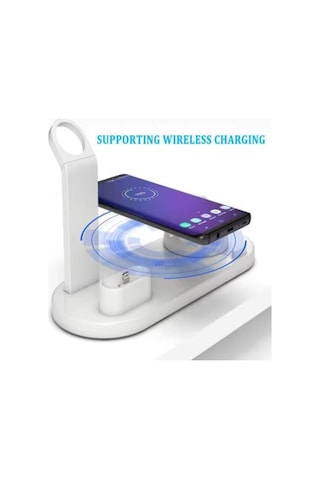 Çok Fonksiyonlu 6in1 Şarj Standı Akıllı Saat Telefon Bluetooth Kulaklık Şarj Beyaz