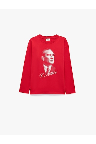Koton Atatürk Baskılı Uzun Kollu Bisiklet Yaka Pamuklu Tişört Kırmızı 7wkb10532tk