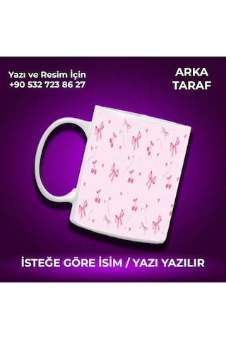 Kişiye Özel Pembe Kurdele Desenli Renkli Kupa -çok Hoş Hediye Beyaz