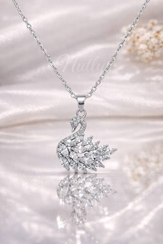 Stainless Steel Kuğu Model Beyaz Zirkon Taşlı Çelik Kolye Silver