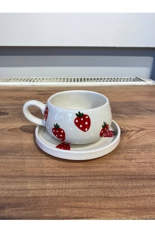 Çilek Desenli El Yapımı Seramik Fincan, Kupa Seti Ve Şekerlik