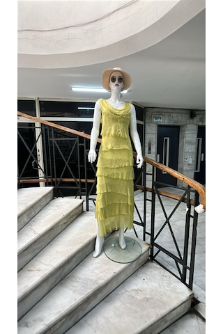 Italyan 2 Beden İnce Gösteren Kat Kat Sıfır Kol İpek Elbise-8769 Koyu Sarı