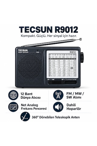 Tecsun R-9012 Pilli 12 Bant Dünya Radyosu Fm Mw Sw Kısa Dalga Analog Cep Radyosu Teleskopik Antenli