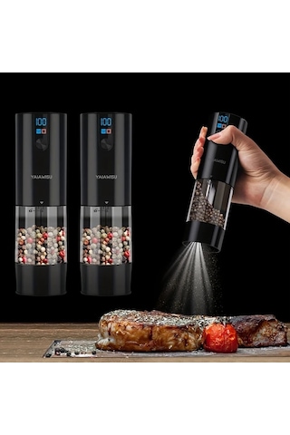 Motion003 Elektrikli Tuz Ve Biber Değirmeni Seti Siyah 1 Usb Şarjlı Küçük Öğütücü Lcd Ekran Ayarlanabilir Kabağlık Ev Mutfak Restoran Barbekü