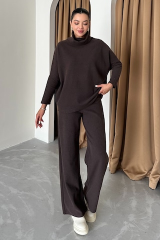 Modagen Kadın Selanik Kumaş Balıkçı Yaka Alt Üst Takım Kahve