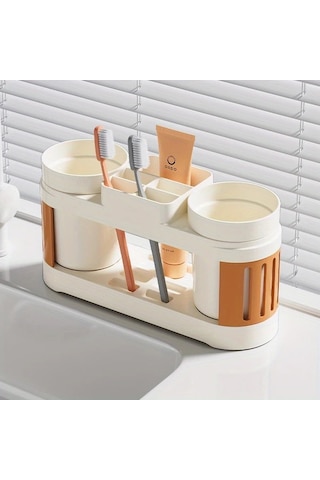 Elmpaly Modern Plastik Diş Fırçası Askısı Çift Bardak Beyaz Renk Yer Montajlı Banyo Saklama Kutusu 1