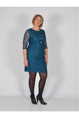 Nidya Moda Büyük Beden Midi Kol Elbise-4009Bdp Petrol