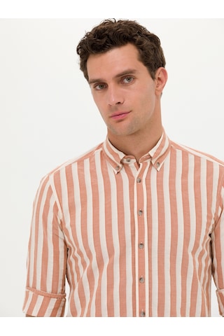 Cacharel Kiremit Slim Fit Uzun Kollu Çizgili Gömlek Kırmızı