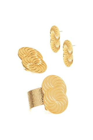 Kadın Lak Altın Renk Kaplama Spiral Baskılı Tasarım Küpe &yüzük &bilekik Set Altın