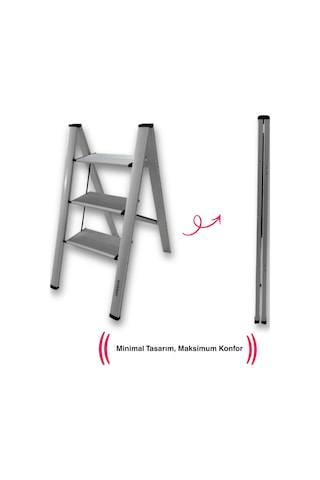 Endokon Katlanır Şık Merdiven Gümüş 3 Basamaklı - Alüminyum - Ev - Ofis Merdiveni