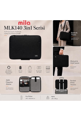 Mila 3in1 Serisi Mlk140 13,14 İnch Uyumlu Tablet, Laptop El Ve Omuz Çantası - Siyah