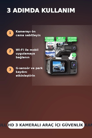 1080p Full Hd 3 Kameralı Wi-fi Destekli Araç İçi Yol Kayıt Kamerası 170 Derece Geniş Açı