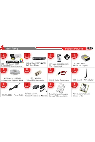 4 Kameralı Fullhd 5mp Lensli Renkli Gece Görüşlü 9 Led Güvenlik Kamerası Seti - 320gb