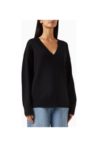 Good American Oversize Deep V Triko Kazak, Modern Rahat - Şık Kadın Stili Siyah