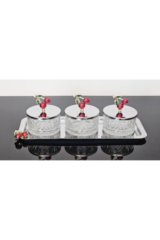 Atabey Home Collection 3'lü Kirazli Gümüş Tepsili Kase Seti & Şekerlik & Sunumluk & Çerezlik