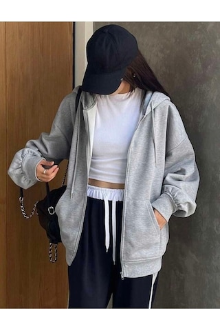 Harmandar Baskısız Kadın Gri Cepli Kapüşonlu Fermuarlı Sweatshirt Hırka Grihirka