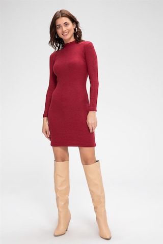 Moda Dua Kadın Bordo Kaşkorse Balıkçı Yaka Uzun Kollu Bodycon Mini Elbise