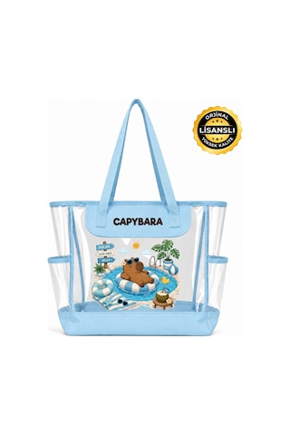 Capybara Lisanslı Figürlü Plaj Çantası Şeffaf Yüzeyli, Geniş Hacimli MAvi
