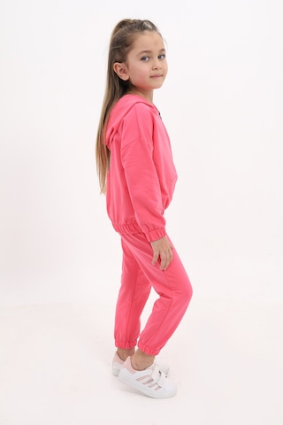 Toontoy Kids Kız Çocuk 2'li Takım Kapüşonlu Fermuarlı Sweatshirt & Beli Paçası Lastikli Jogger Eşofman Altı - 2 İplik Fuşya