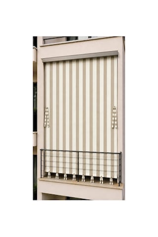 Suya Dayanıklı Kornişli Balkon Perdesi Modern Dış Mekan Fon Perde Bej Krem Bej - Krem