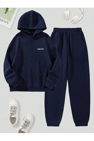 California Minimal Yazı Eşofman Takımı Sweatshirt Jogger - Lacivert Baskılı Şardonlu Kapüşonlu Lacivert
