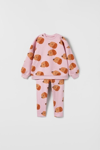 Magu Kız Çocuk Pamuklu Köpek Desenli Pembe Sweatshirt Ve Tayt Takımı