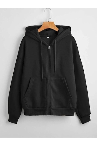 Kadın Oversize Siyah Fermuarlı Hırka Sweatshirt Siyah