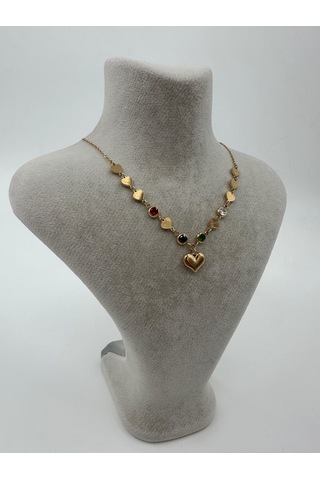 Xbaby Ucu Ve Zinciri Renkli Taşlı Kalpli Gold Kolye