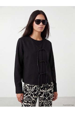 Lcw Modest Siyah V Yaka Bağcıklı Kadın Kimono