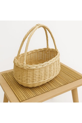 Doğal El Örgüsü Hasır Sepet Bohem Dekoratif Saklama Örgülü Bej - Sarı