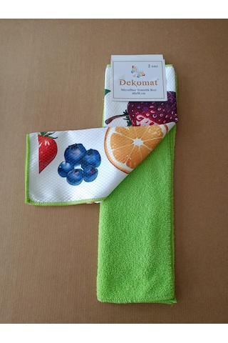 Microfiber Temizlik Bezi 40x50 Cm 2 Adet Çilek Desen Bir Adet Baskılı Bir Adet Naturel Yeşil