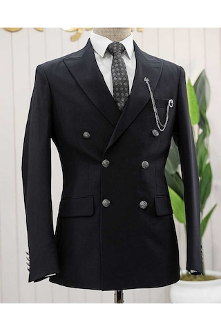 Standart Bys Beystil Sivri Yaka Siyah Kruvaze Takım Elbise - Slim Fit