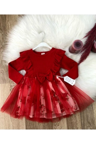 Kız Çocuk Çiçekli Toz Pembe -kırmızı Tütü Doğum Günü Abiye Prenses Şık Elbise Kırmızı